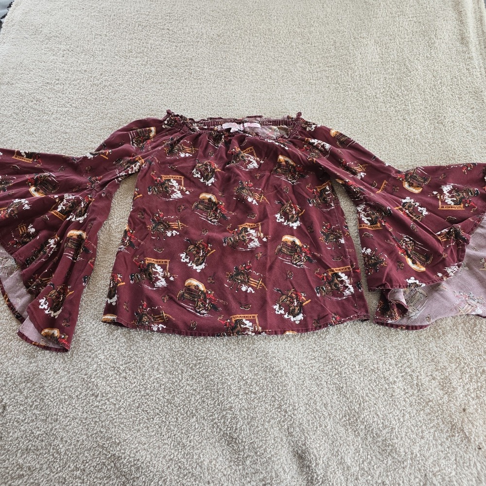 Panhandle Women's All-Over Cowboy Stagecoach Design Ruffle Bell Sleeves Size S - Picture 8 of 12